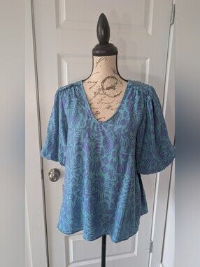 Easel Teal and Blue Abstract V-Neck Blouse Oversized S